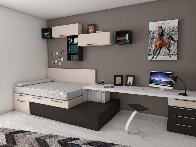 Dormitorio moderno y funcional con cama nyaman y almacenamiento integrado