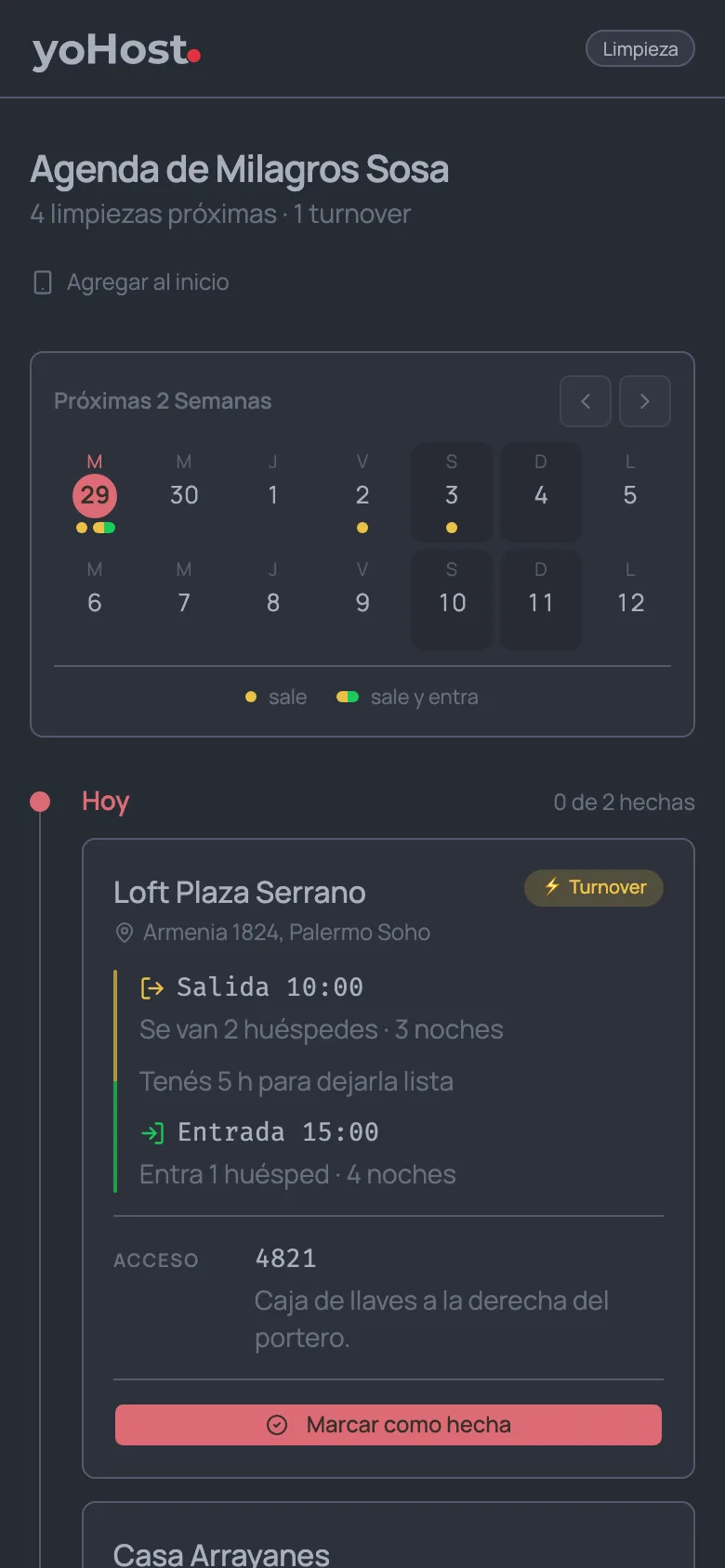 Agenda de limpieza en el celular, con la salida de las 10, la entrada de las 15 y el botón para marcarla como hecha