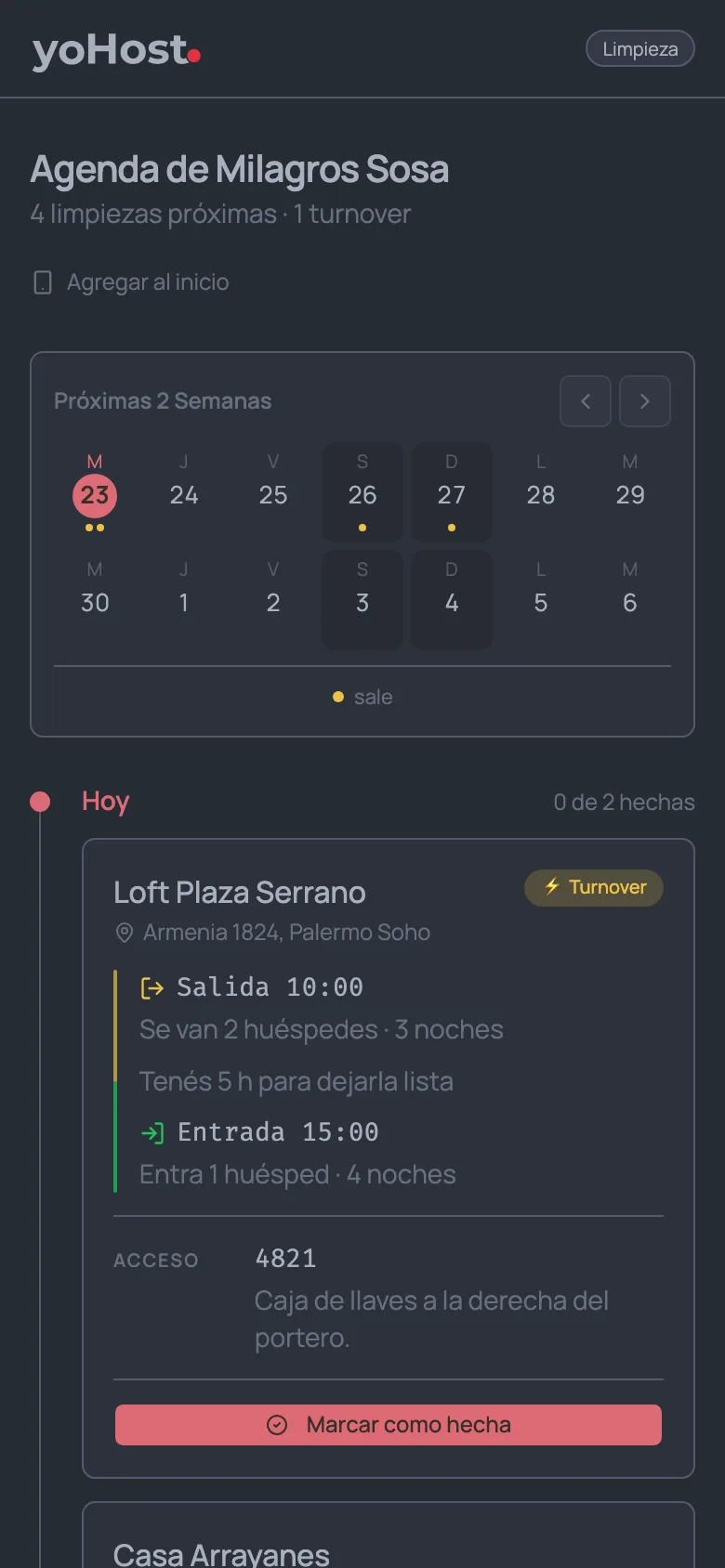 Agenda de limpieza en el celular, con la salida de las 10, la entrada de las 15 y el botón para marcarla como hecha