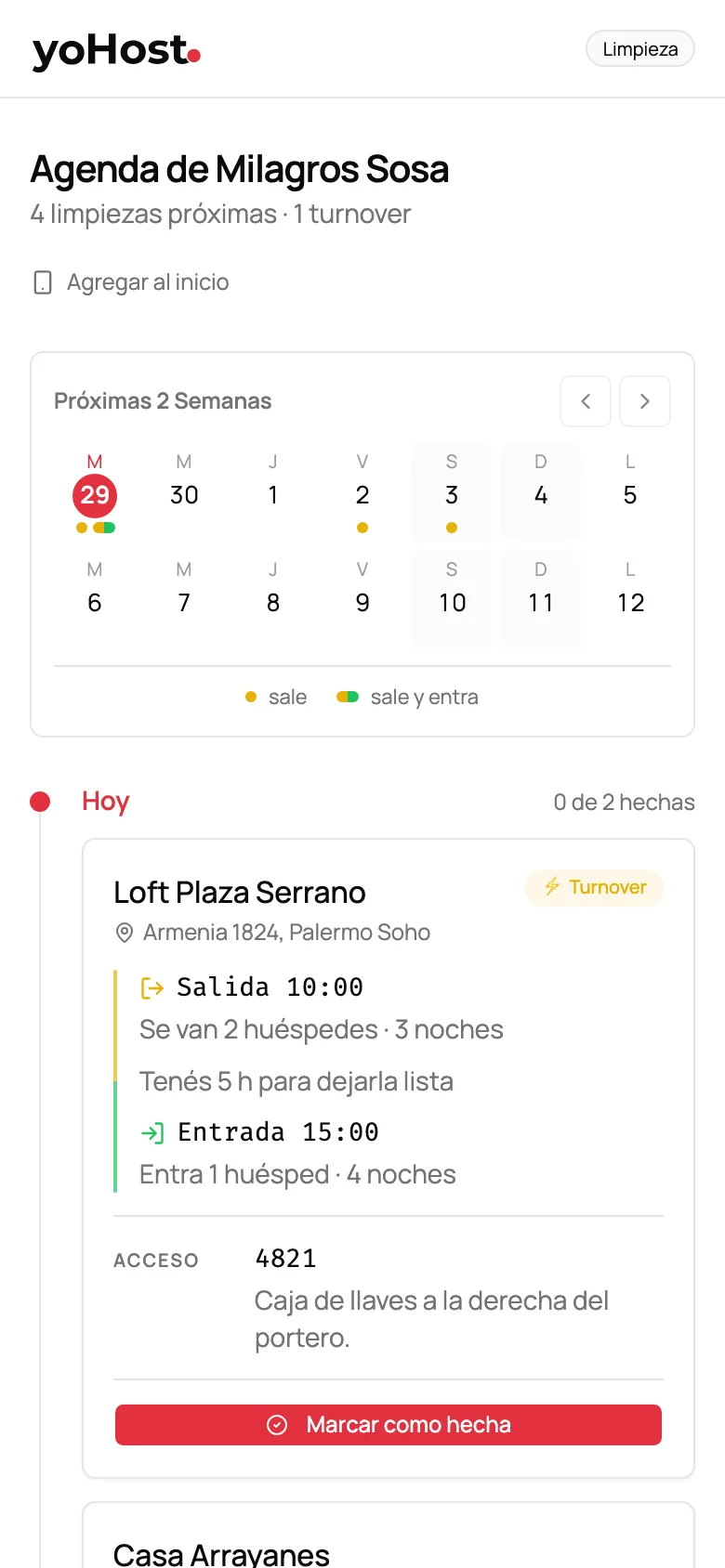 Agenda de limpieza en el celular, con la salida de las 10, la entrada de las 15 y el botón para marcarla como hecha