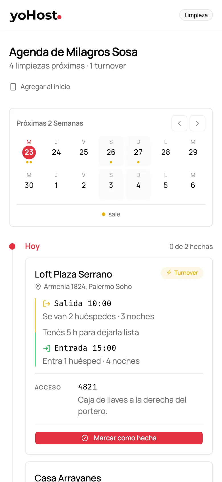 Agenda de limpieza en el celular, con la salida de las 10, la entrada de las 15 y el botón para marcarla como hecha