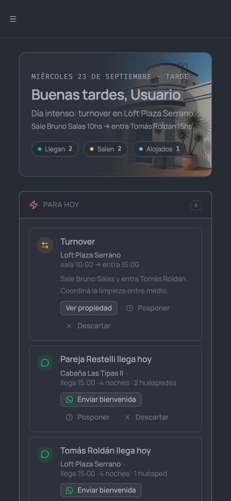Pantalla Hoy de yoHost: el resumen del día, las tareas pendientes y los movimientos ordenados por horario