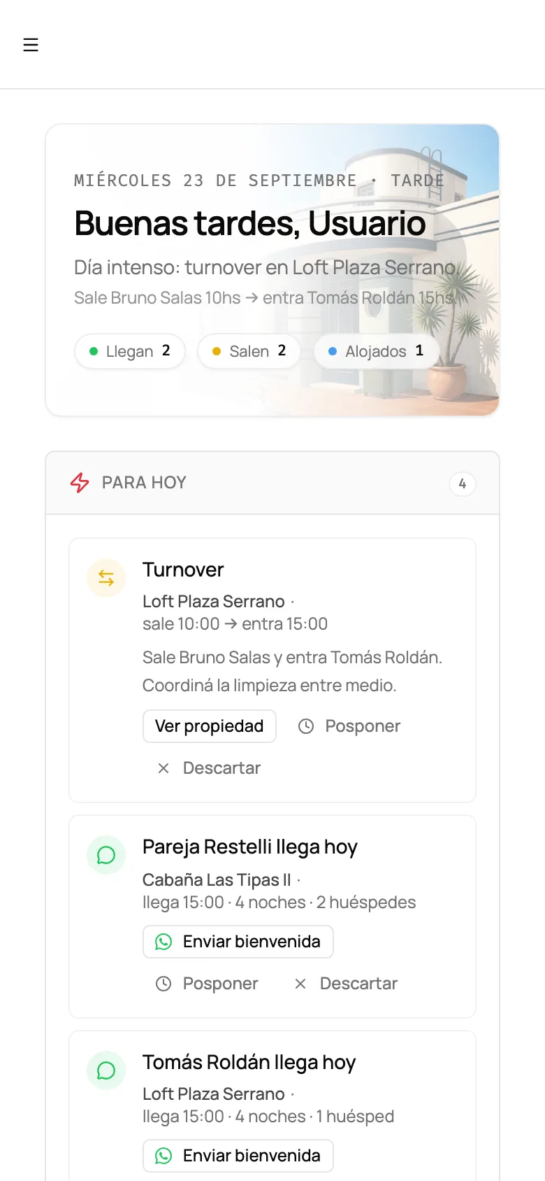Pantalla Hoy de yoHost: el resumen del día, las tareas pendientes y los movimientos ordenados por horario