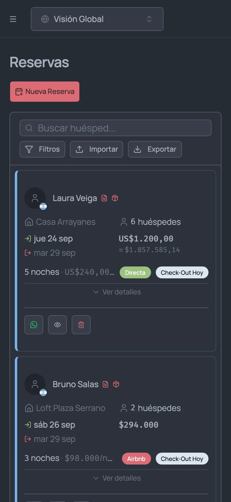 Reservas con huésped, propiedad, fechas, monto y estado de cada una