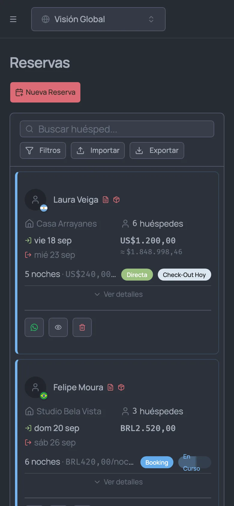 Reservas en dólares, pesos y reales, con la conversión a pesos debajo de los montos en dólares