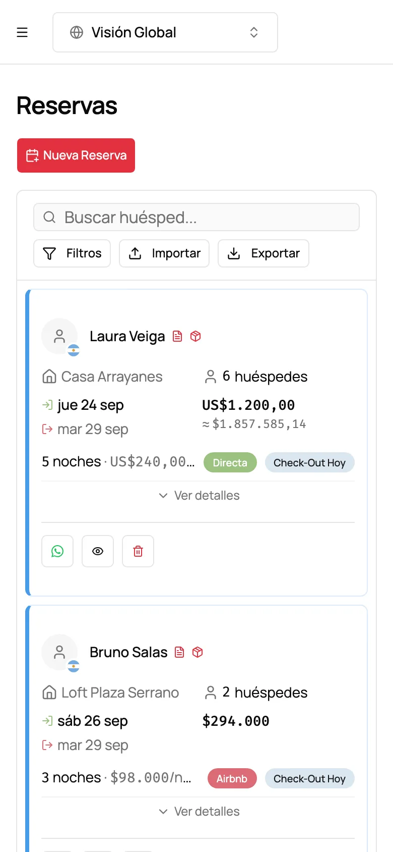 Reservas con huésped, propiedad, fechas, monto y estado de cada una