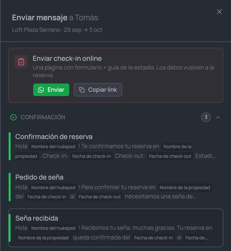 Panel para enviarle un mensaje al huésped, con el link del check-in online y plantillas de confirmación y seña