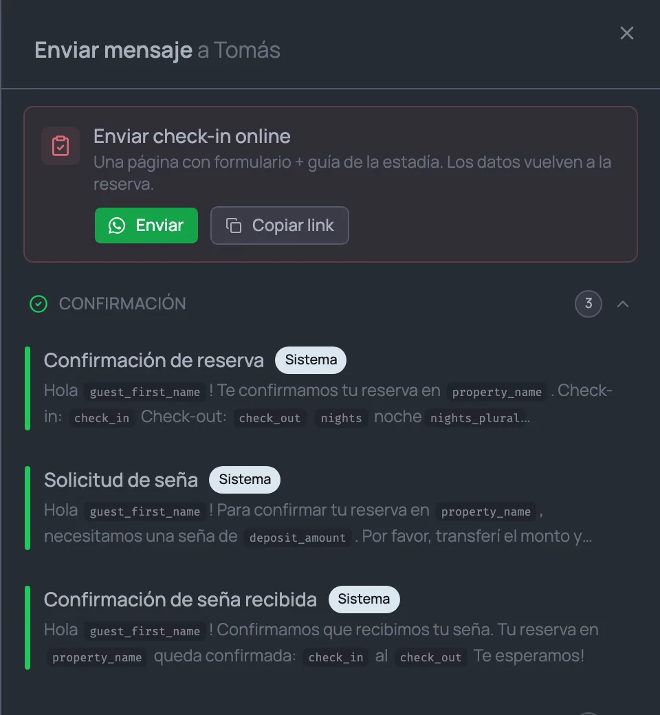 Panel para enviarle un mensaje al huésped, con el botón para enviar el check-in online