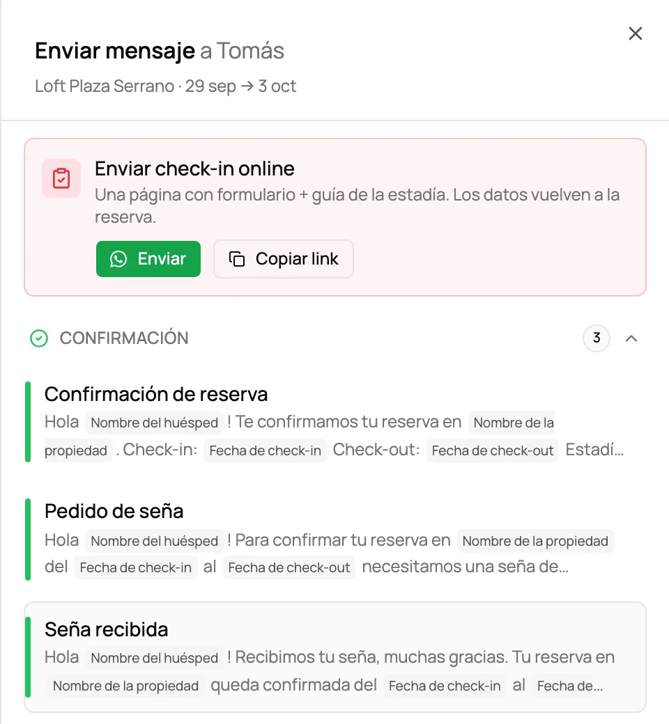Panel para enviarle un mensaje al huésped, con el link del check-in online y plantillas de confirmación y seña