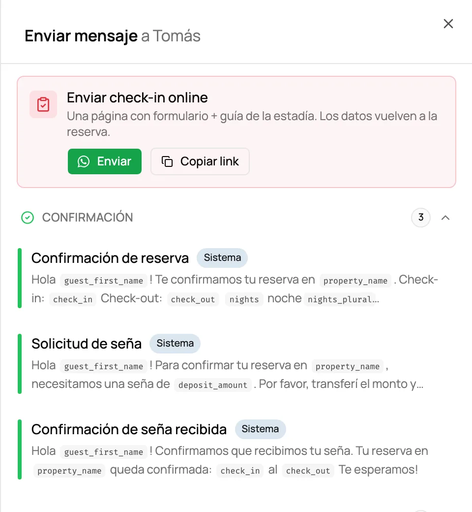 Panel para enviarle un mensaje al huésped, con el botón para enviar el check-in online