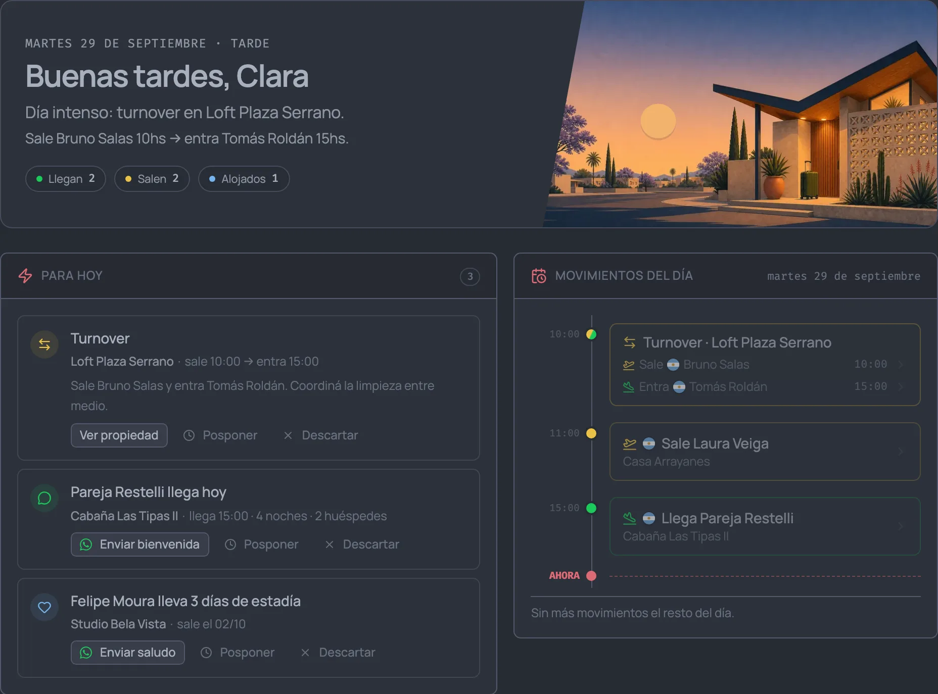 Pantalla Hoy de yoHost: el resumen del día, las tareas pendientes y los movimientos ordenados por horario
