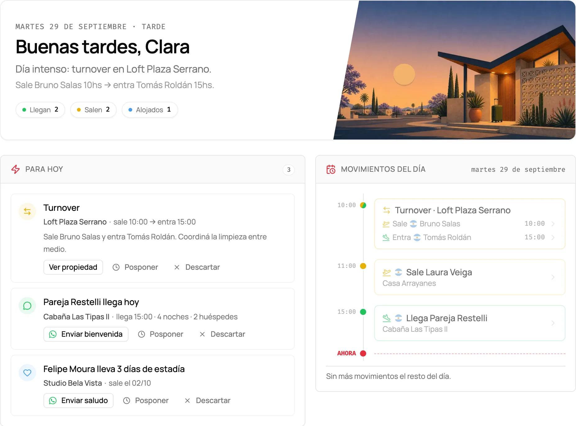 Pantalla Hoy de yoHost: el resumen del día, las tareas pendientes y los movimientos ordenados por horario