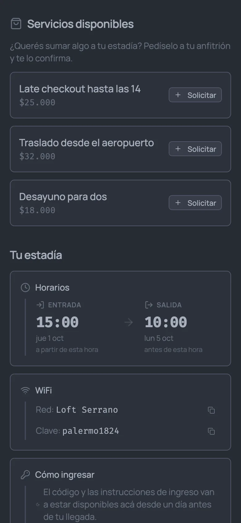 Servicios disponibles en la página del huésped, cada uno con su precio y el botón Solicitar