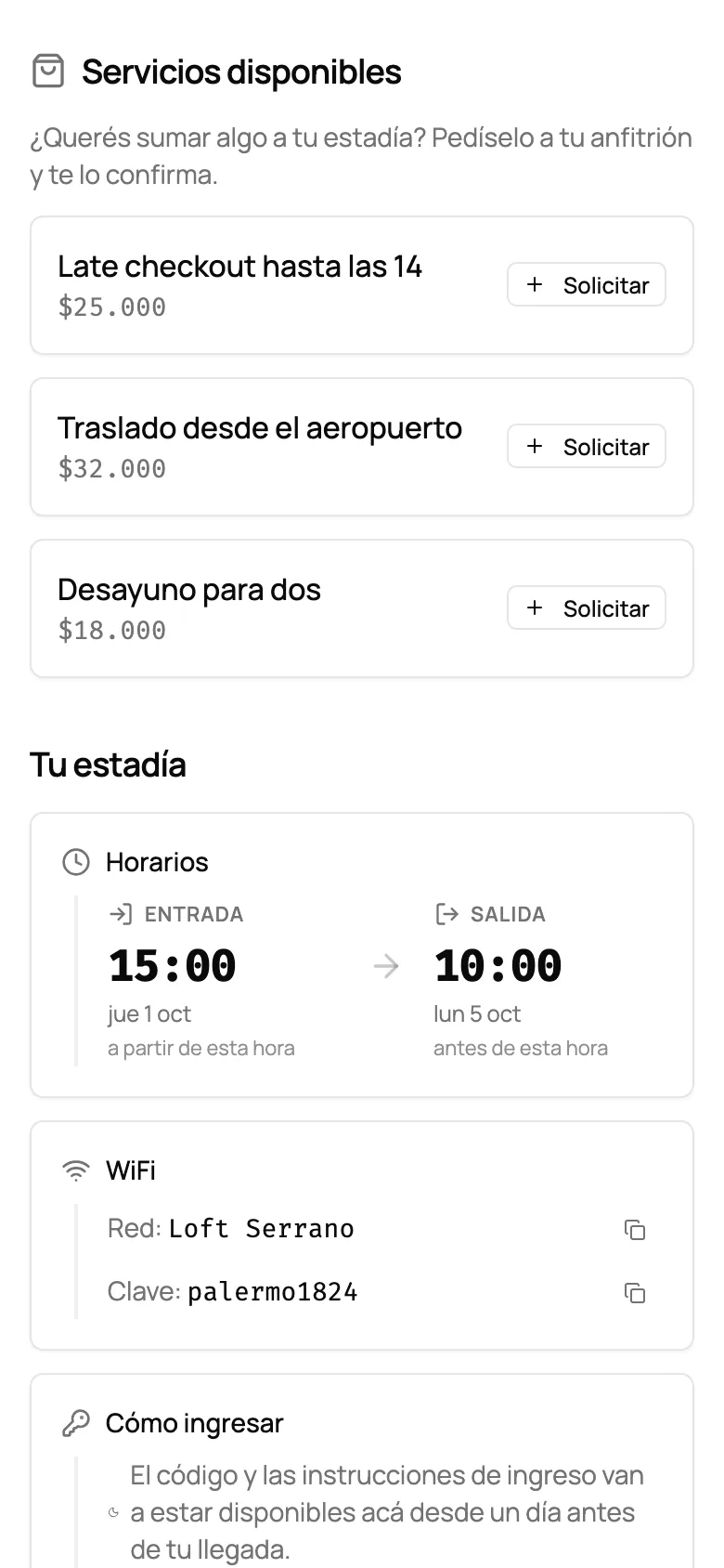 Servicios disponibles en la página del huésped, cada uno con su precio y el botón Solicitar