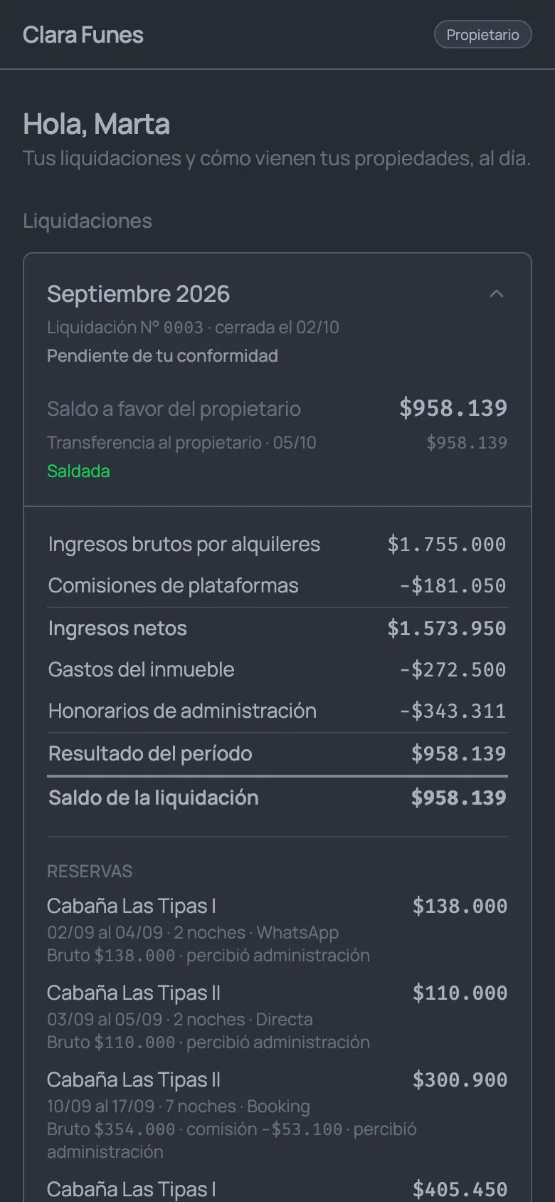 El link de una propietaria en el celular: su liquidación de septiembre con el saldo, los ingresos, las comisiones, los gastos y los honorarios