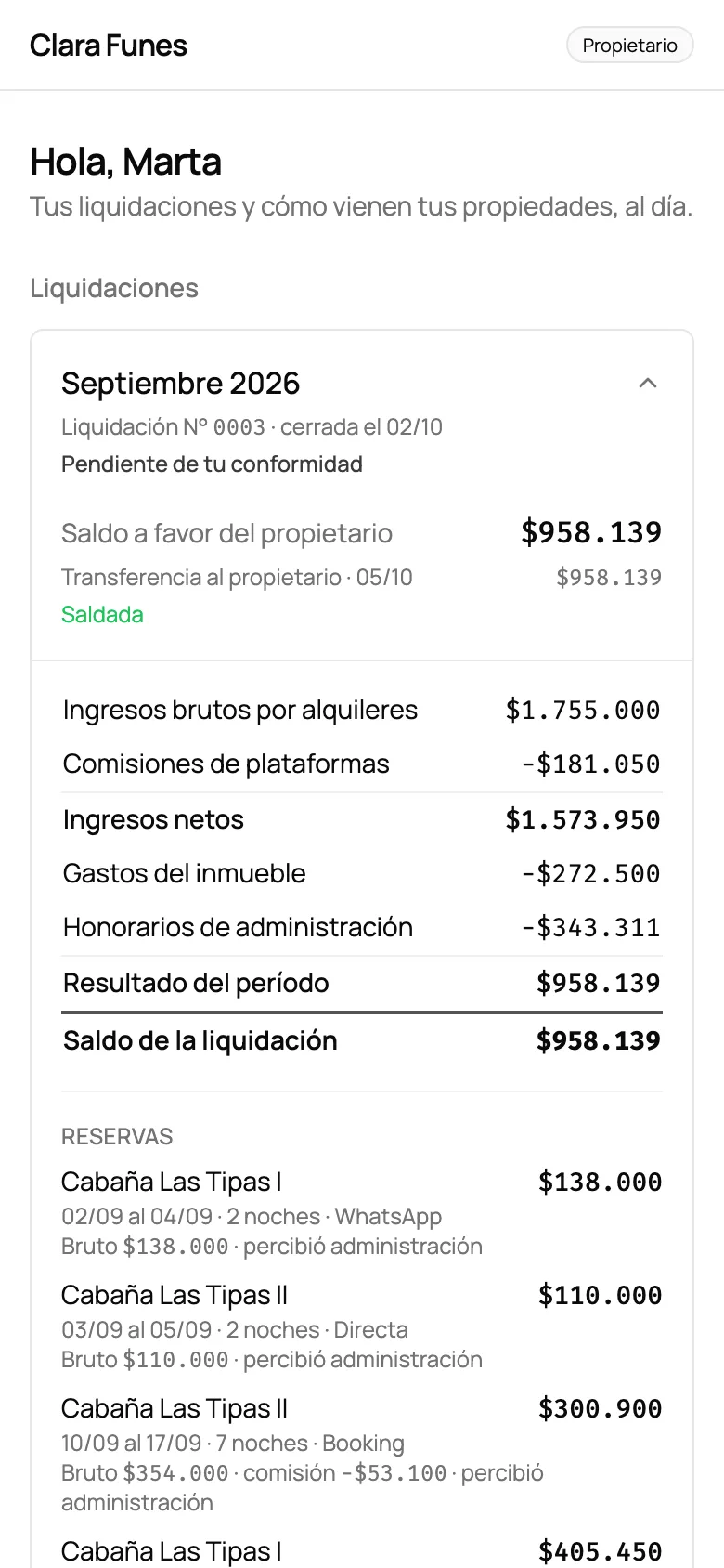 El link de una propietaria en el celular: su liquidación de septiembre con el saldo, los ingresos, las comisiones, los gastos y los honorarios
