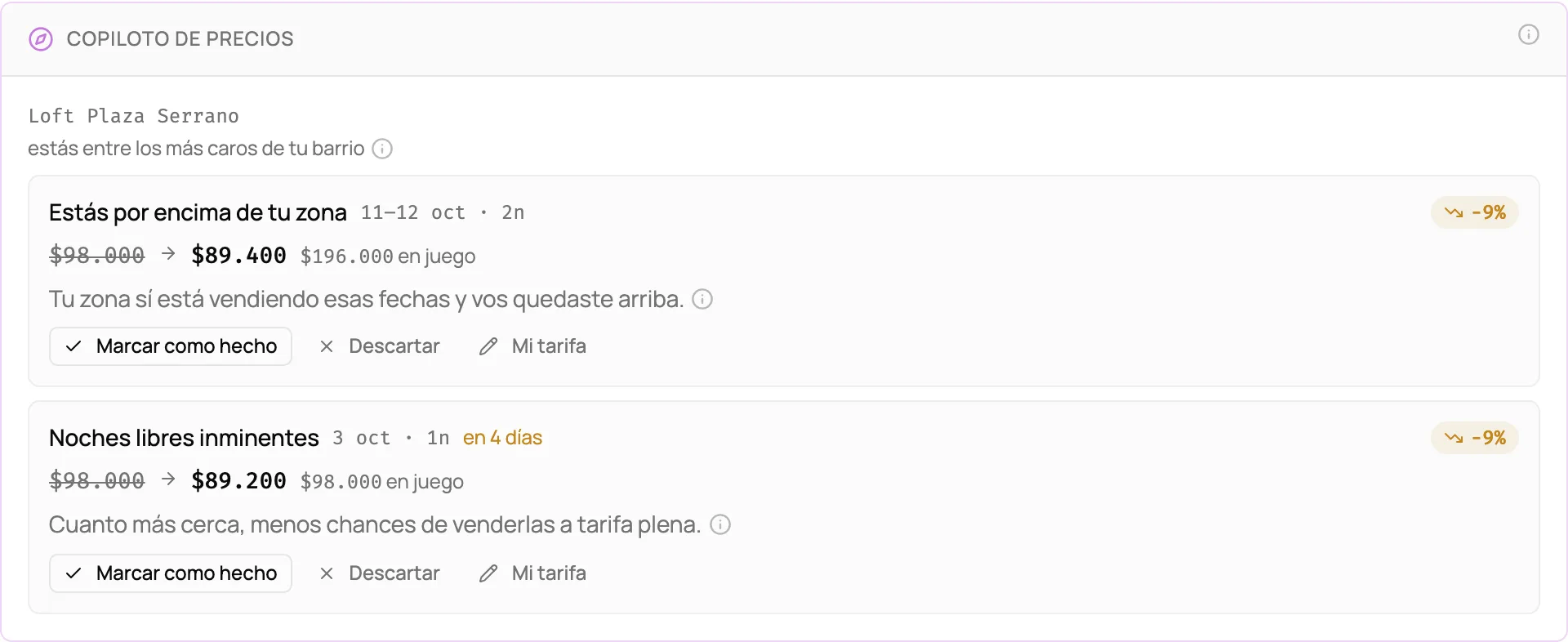 Sugerencia de precio para dos noches, con el precio actual, el sugerido y el motivo