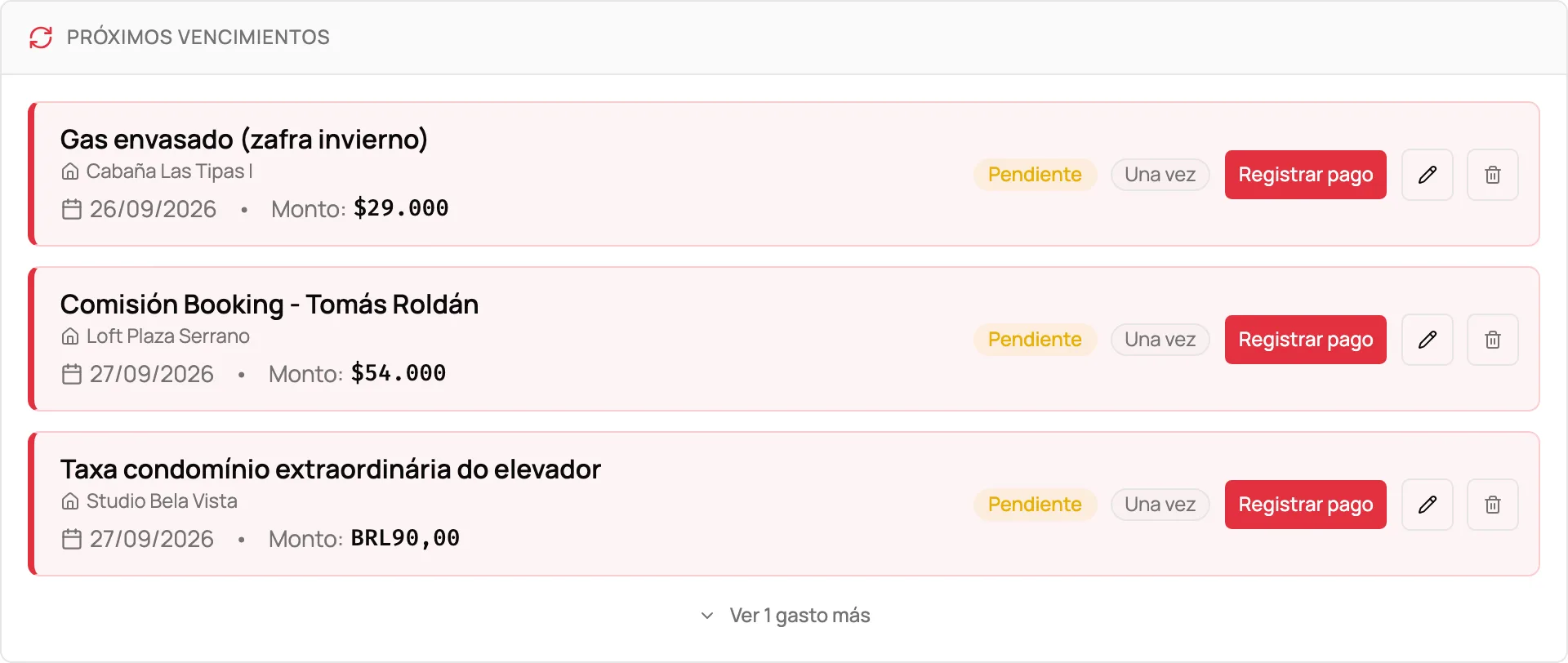 Próximos vencimientos de gastos, cada uno con su monto y el botón Registrar pago